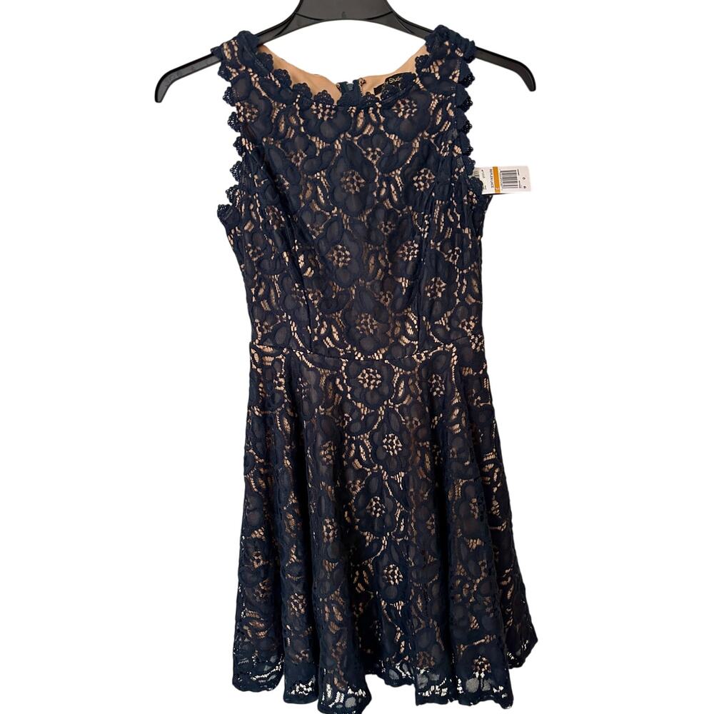 City Studio Lace Fit & Flare Dress Navy Nude Women’s Size 3 Floral Overlay